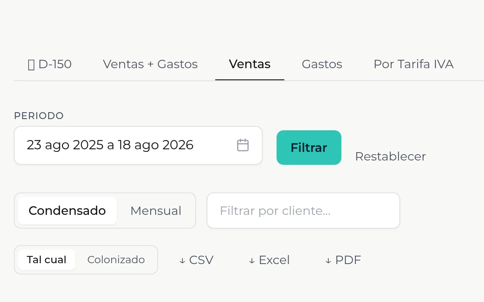 Reporte fiscal con métricas, gráficos y opción de exportación