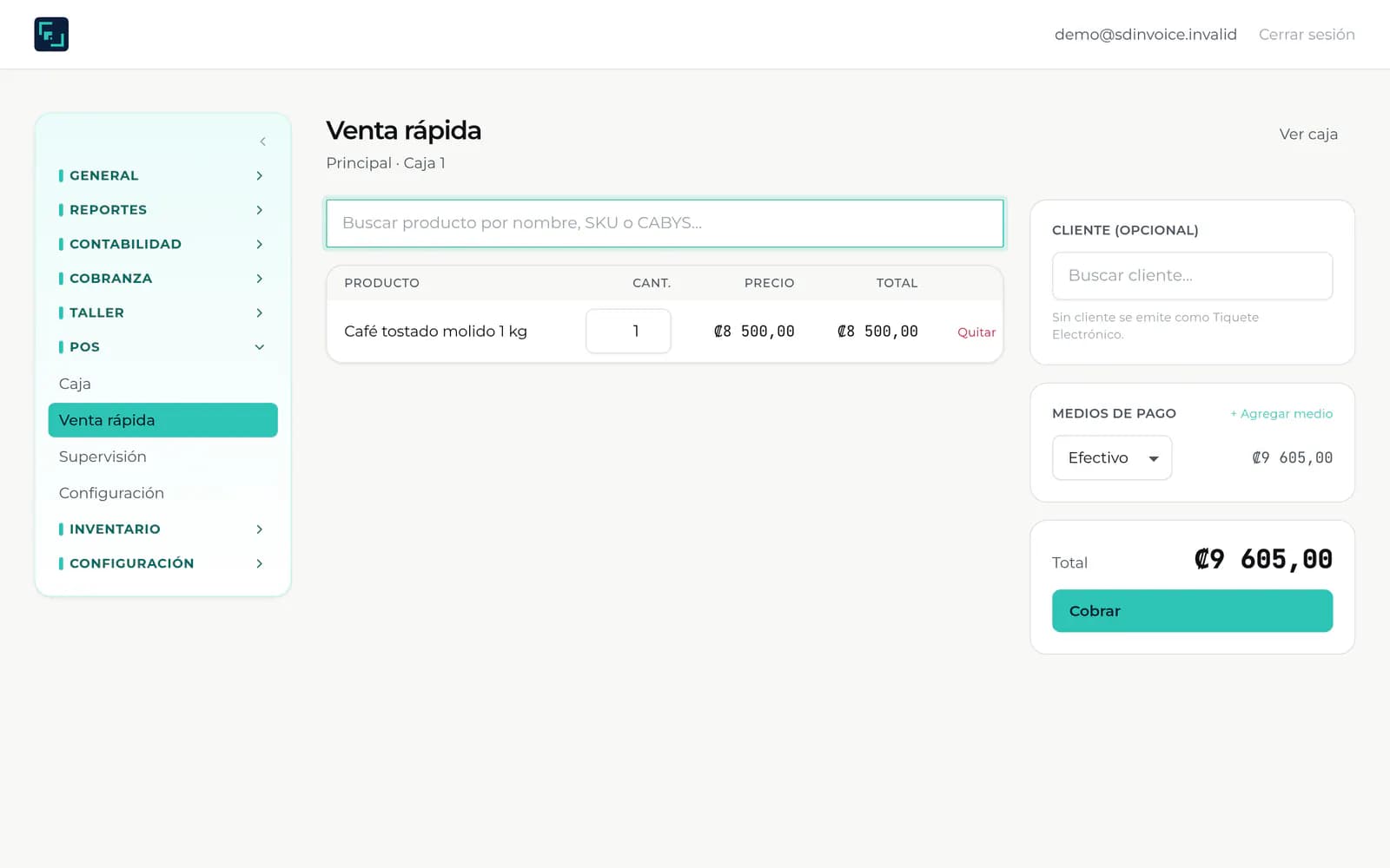 Pantalla de punto de venta de SD Invoice con productos, carrito y cobro